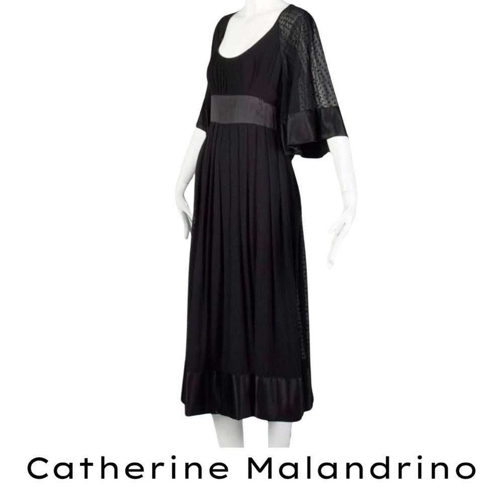 CATHERINE MALANDRINO MIDI LENGTH BLACK SILK DRESS WITH SWISS DOT PRINT, SIZE 6
